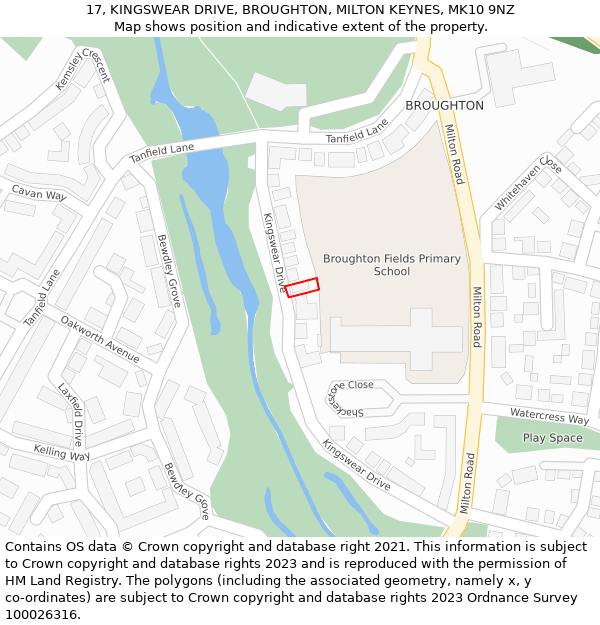 17, KINGSWEAR DRIVE, BROUGHTON, MILTON KEYNES, MK10 9NZ: Location map and indicative extent of plot