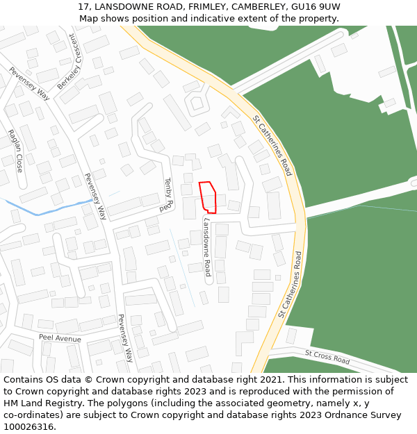 17, LANSDOWNE ROAD, FRIMLEY, CAMBERLEY, GU16 9UW: Location map and indicative extent of plot