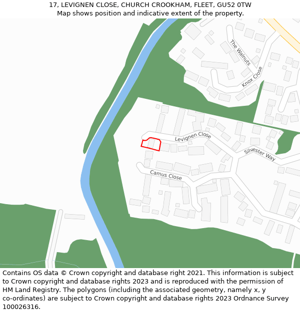 17, LEVIGNEN CLOSE, CHURCH CROOKHAM, FLEET, GU52 0TW: Location map and indicative extent of plot