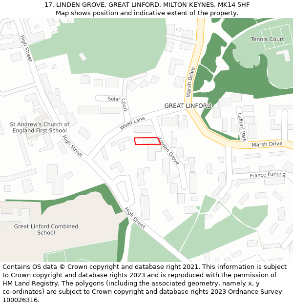 17, LINDEN GROVE, GREAT LINFORD, MILTON KEYNES, MK14 5HF: Location map and indicative extent of plot
