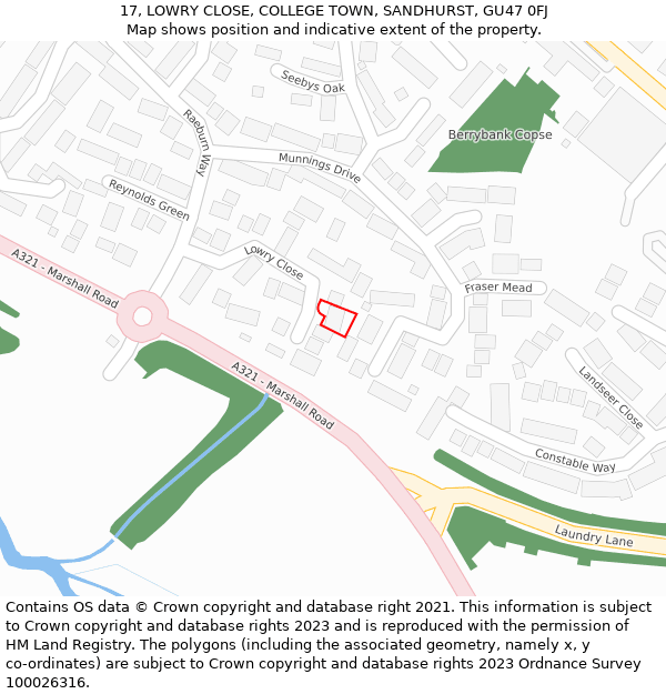 17, LOWRY CLOSE, COLLEGE TOWN, SANDHURST, GU47 0FJ: Location map and indicative extent of plot