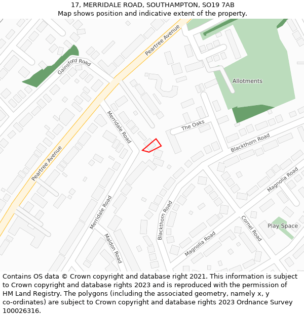 17, MERRIDALE ROAD, SOUTHAMPTON, SO19 7AB: Location map and indicative extent of plot