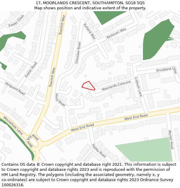 17, MOORLANDS CRESCENT, SOUTHAMPTON, SO18 5QS: Location map and indicative extent of plot