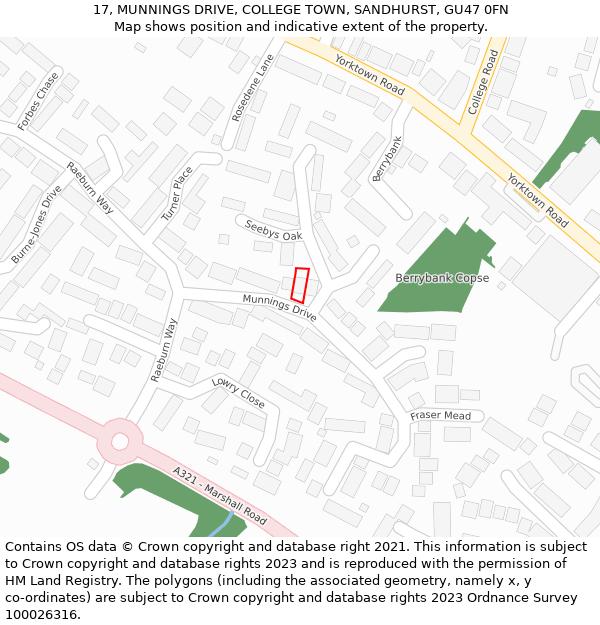 17, MUNNINGS DRIVE, COLLEGE TOWN, SANDHURST, GU47 0FN: Location map and indicative extent of plot