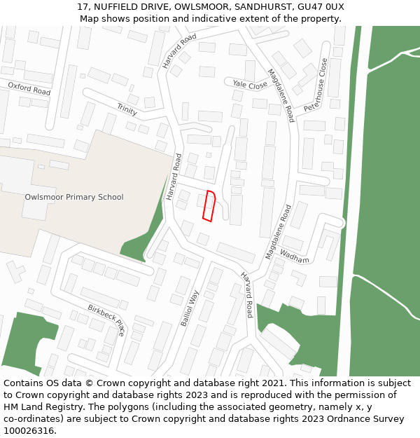 17, NUFFIELD DRIVE, OWLSMOOR, SANDHURST, GU47 0UX: Location map and indicative extent of plot