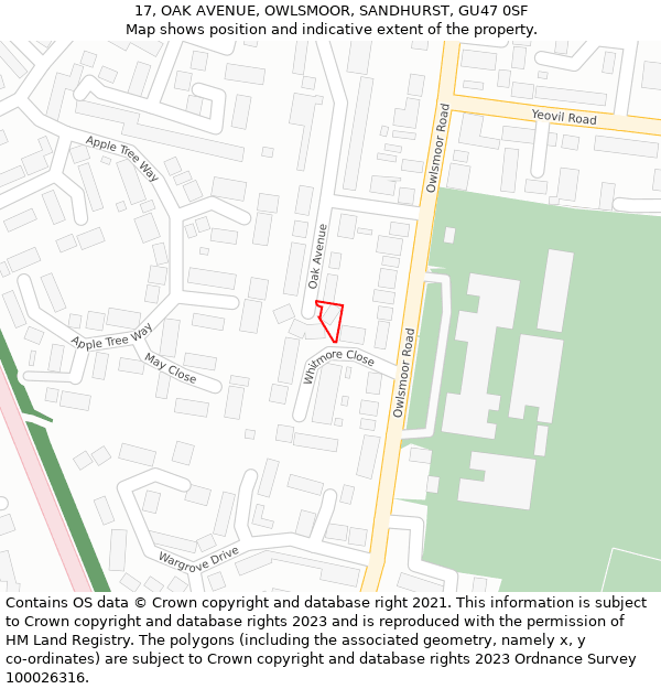 17, OAK AVENUE, OWLSMOOR, SANDHURST, GU47 0SF: Location map and indicative extent of plot