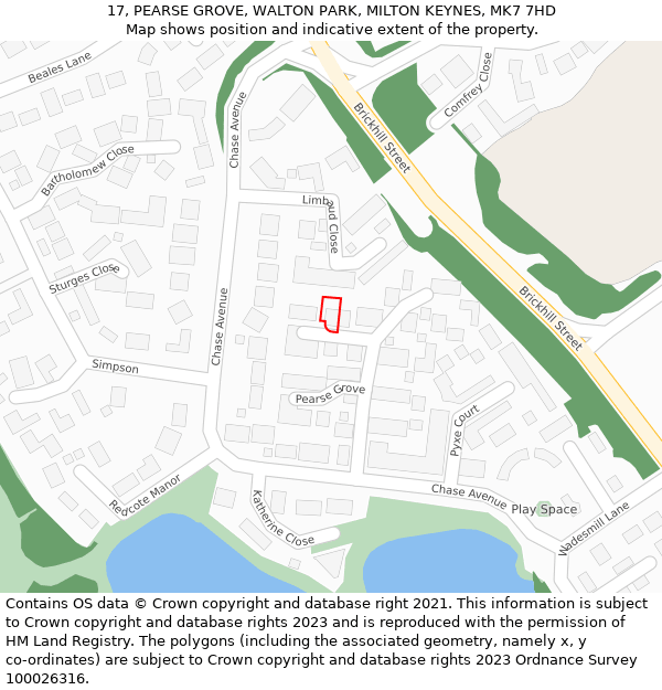 17, PEARSE GROVE, WALTON PARK, MILTON KEYNES, MK7 7HD: Location map and indicative extent of plot