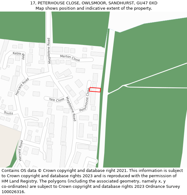 17, PETERHOUSE CLOSE, OWLSMOOR, SANDHURST, GU47 0XD: Location map and indicative extent of plot