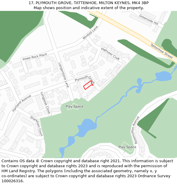 17, PLYMOUTH GROVE, TATTENHOE, MILTON KEYNES, MK4 3BP: Location map and indicative extent of plot