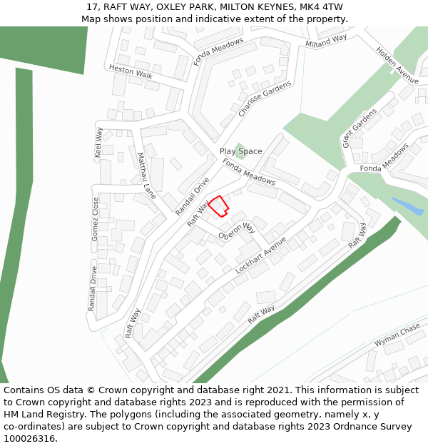 17, RAFT WAY, OXLEY PARK, MILTON KEYNES, MK4 4TW: Location map and indicative extent of plot