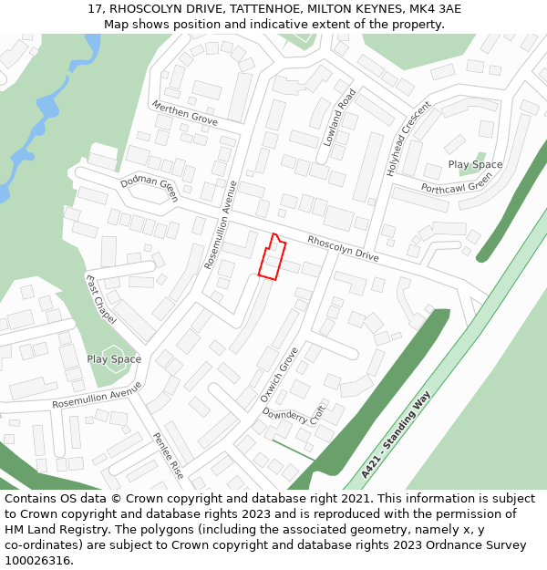 17, RHOSCOLYN DRIVE, TATTENHOE, MILTON KEYNES, MK4 3AE: Location map and indicative extent of plot