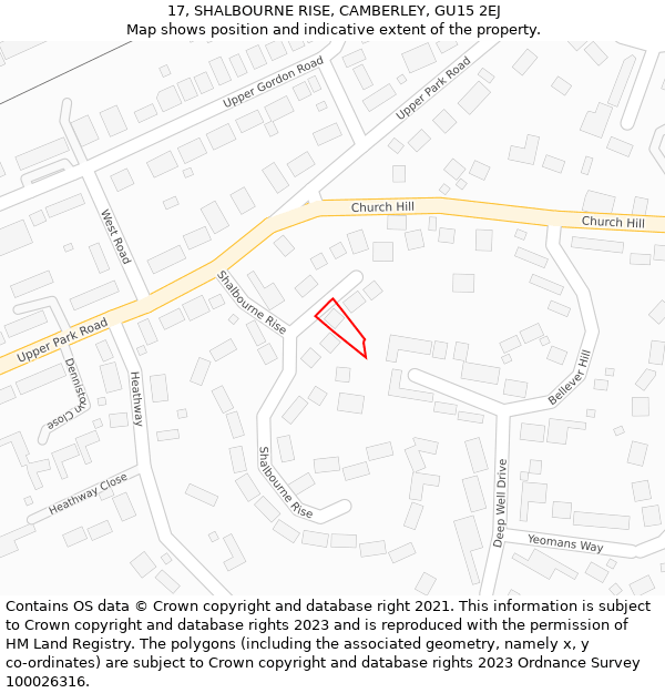 17, SHALBOURNE RISE, CAMBERLEY, GU15 2EJ: Location map and indicative extent of plot