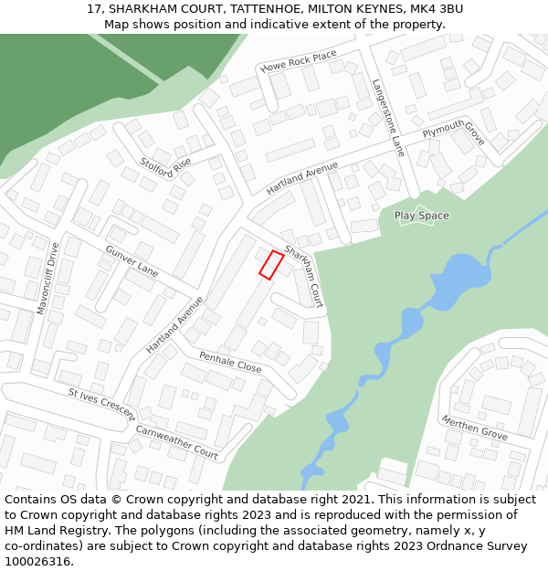 17, SHARKHAM COURT, TATTENHOE, MILTON KEYNES, MK4 3BU: Location map and indicative extent of plot