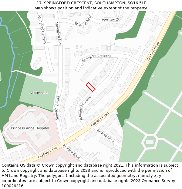 17, SPRINGFORD CRESCENT, SOUTHAMPTON, SO16 5LF: Location map and indicative extent of plot