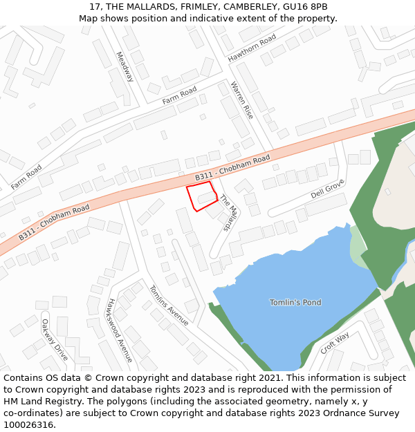 17, THE MALLARDS, FRIMLEY, CAMBERLEY, GU16 8PB: Location map and indicative extent of plot
