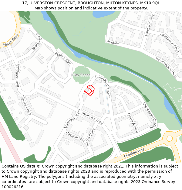 17, ULVERSTON CRESCENT, BROUGHTON, MILTON KEYNES, MK10 9QL: Location map and indicative extent of plot