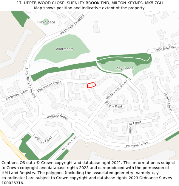 17, UPPER WOOD CLOSE, SHENLEY BROOK END, MILTON KEYNES, MK5 7GH: Location map and indicative extent of plot