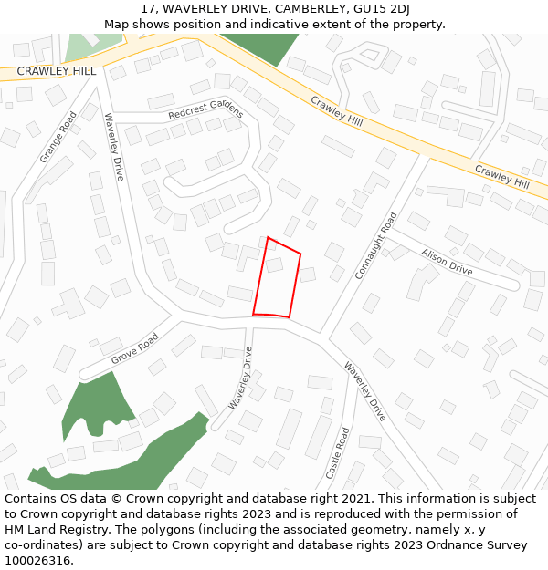 17, WAVERLEY DRIVE, CAMBERLEY, GU15 2DJ: Location map and indicative extent of plot