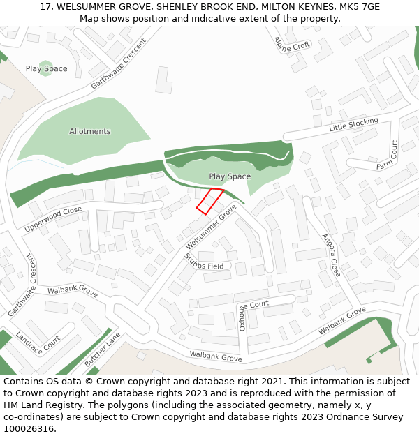 17, WELSUMMER GROVE, SHENLEY BROOK END, MILTON KEYNES, MK5 7GE: Location map and indicative extent of plot