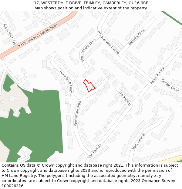 17, WESTERDALE DRIVE, FRIMLEY, CAMBERLEY, GU16 9RB: Location map and indicative extent of plot