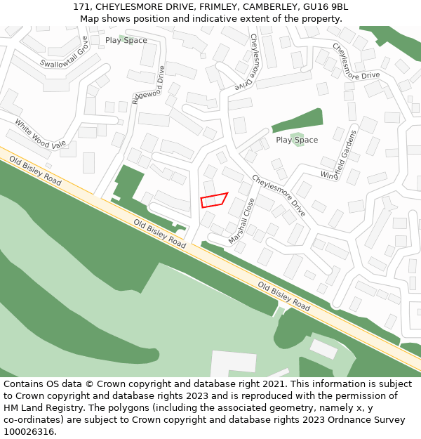 171, CHEYLESMORE DRIVE, FRIMLEY, CAMBERLEY, GU16 9BL: Location map and indicative extent of plot