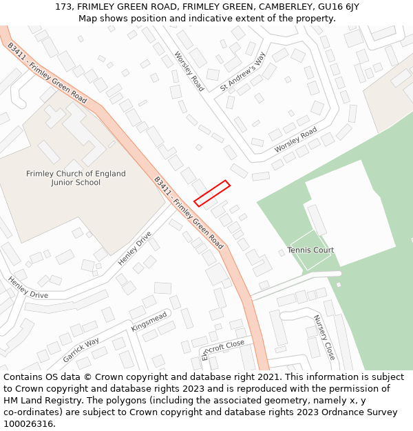 173, FRIMLEY GREEN ROAD, FRIMLEY GREEN, CAMBERLEY, GU16 6JY: Location map and indicative extent of plot