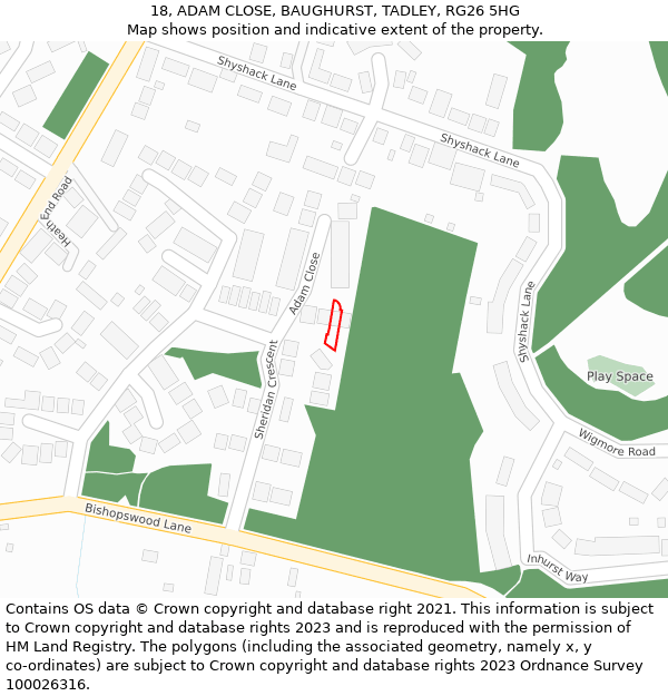 18, ADAM CLOSE, BAUGHURST, TADLEY, RG26 5HG: Location map and indicative extent of plot