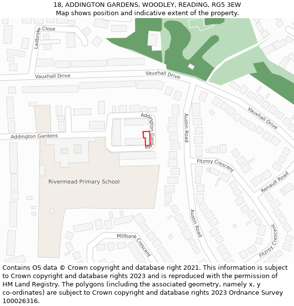 18, ADDINGTON GARDENS, WOODLEY, READING, RG5 3EW: Location map and indicative extent of plot