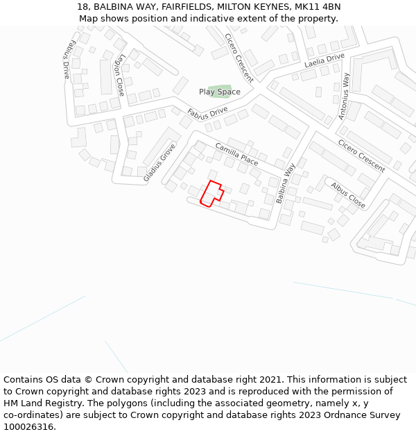 18, BALBINA WAY, FAIRFIELDS, MILTON KEYNES, MK11 4BN: Location map and indicative extent of plot