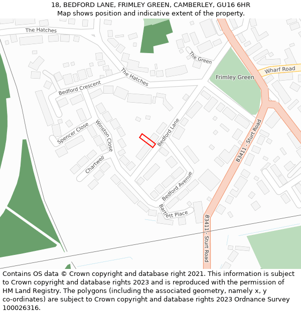 18, BEDFORD LANE, FRIMLEY GREEN, CAMBERLEY, GU16 6HR: Location map and indicative extent of plot
