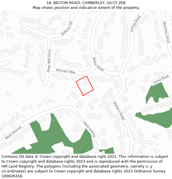 18, BELTON ROAD, CAMBERLEY, GU15 2DE: Location map and indicative extent of plot