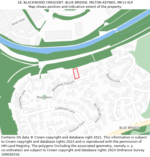 18, BLACKWOOD CRESCENT, BLUE BRIDGE, MILTON KEYNES, MK13 0LP: Location map and indicative extent of plot