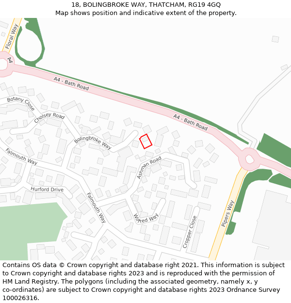 18, BOLINGBROKE WAY, THATCHAM, RG19 4GQ: Location map and indicative extent of plot