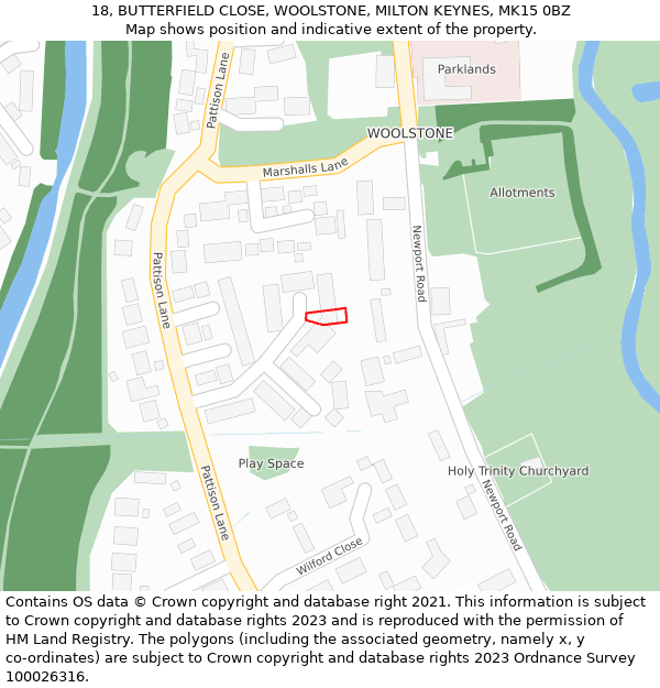 18, BUTTERFIELD CLOSE, WOOLSTONE, MILTON KEYNES, MK15 0BZ: Location map and indicative extent of plot
