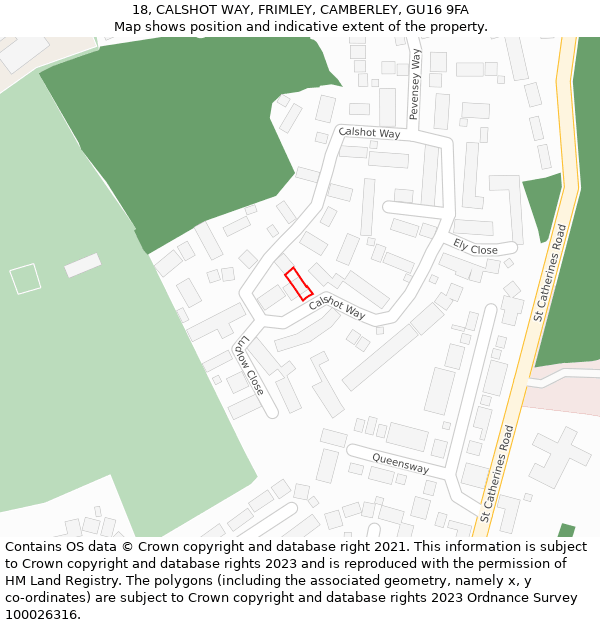 18, CALSHOT WAY, FRIMLEY, CAMBERLEY, GU16 9FA: Location map and indicative extent of plot