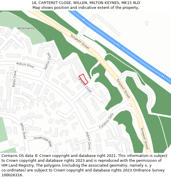 18, CARTERET CLOSE, WILLEN, MILTON KEYNES, MK15 9LD: Location map and indicative extent of plot