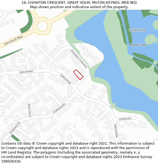 18, CHAWTON CRESCENT, GREAT HOLM, MILTON KEYNES, MK8 9EQ: Location map and indicative extent of plot