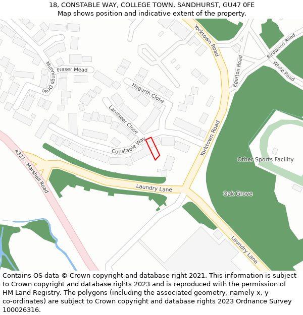 18, CONSTABLE WAY, COLLEGE TOWN, SANDHURST, GU47 0FE: Location map and indicative extent of plot