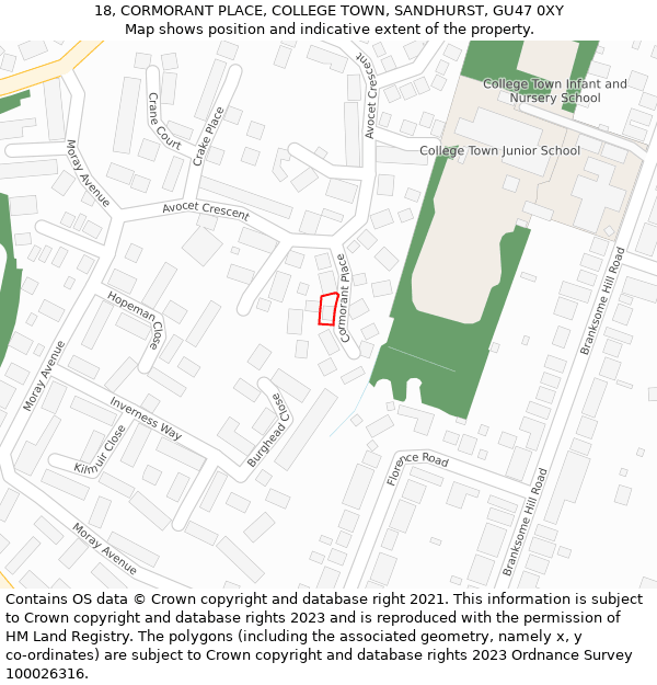 18, CORMORANT PLACE, COLLEGE TOWN, SANDHURST, GU47 0XY: Location map and indicative extent of plot