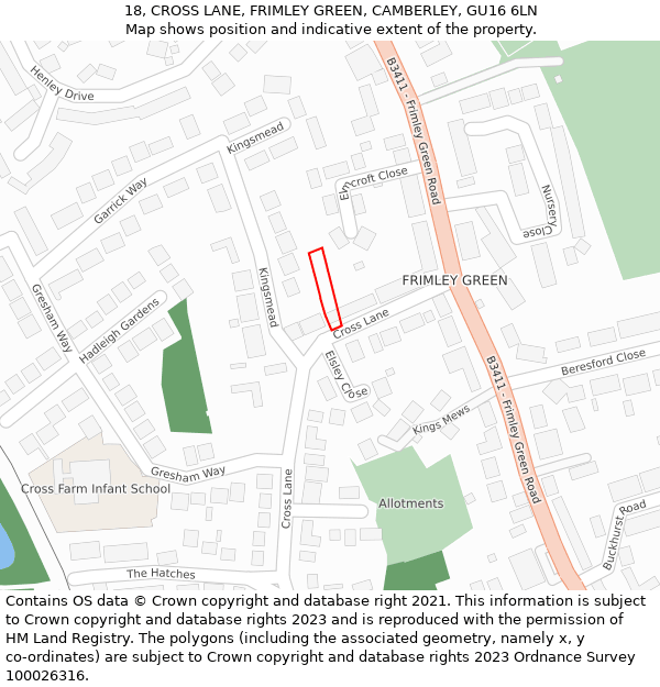 18, CROSS LANE, FRIMLEY GREEN, CAMBERLEY, GU16 6LN: Location map and indicative extent of plot