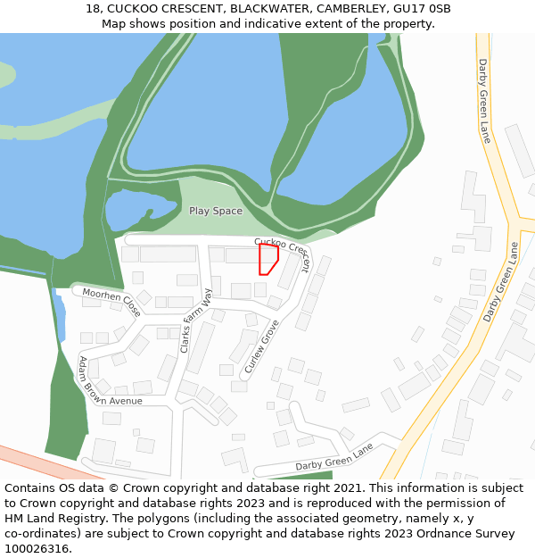 18, CUCKOO CRESCENT, BLACKWATER, CAMBERLEY, GU17 0SB: Location map and indicative extent of plot