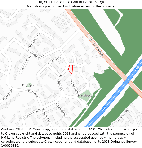 18, CURTIS CLOSE, CAMBERLEY, GU15 1QP: Location map and indicative extent of plot