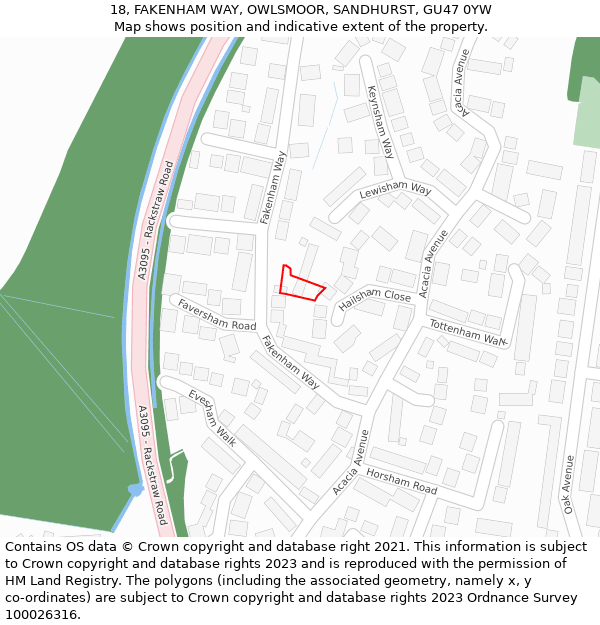 18, FAKENHAM WAY, OWLSMOOR, SANDHURST, GU47 0YW: Location map and indicative extent of plot