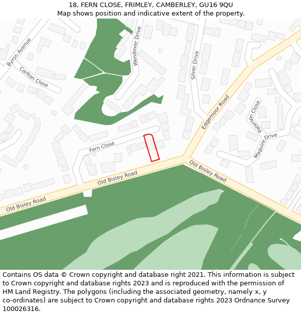 18, FERN CLOSE, FRIMLEY, CAMBERLEY, GU16 9QU: Location map and indicative extent of plot