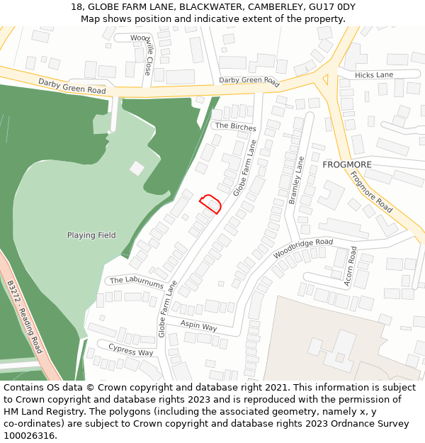 18, GLOBE FARM LANE, BLACKWATER, CAMBERLEY, GU17 0DY: Location map and indicative extent of plot