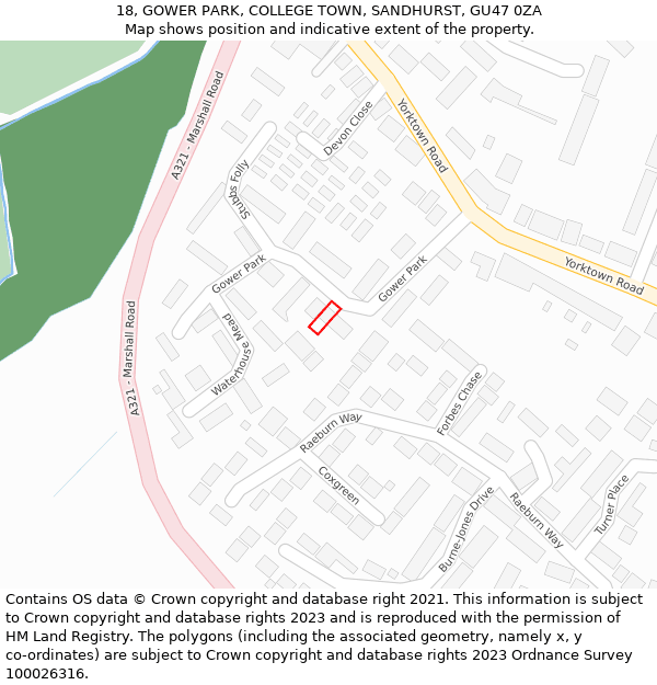 18, GOWER PARK, COLLEGE TOWN, SANDHURST, GU47 0ZA: Location map and indicative extent of plot