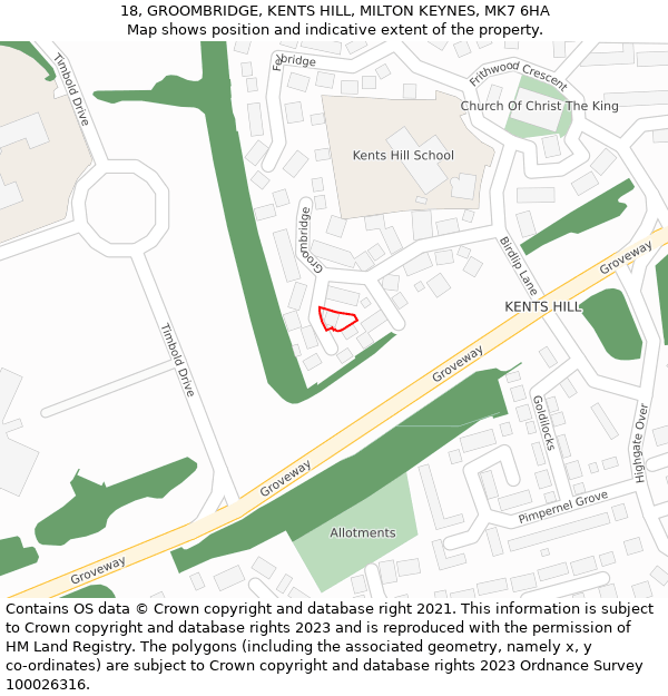 18, GROOMBRIDGE, KENTS HILL, MILTON KEYNES, MK7 6HA: Location map and indicative extent of plot