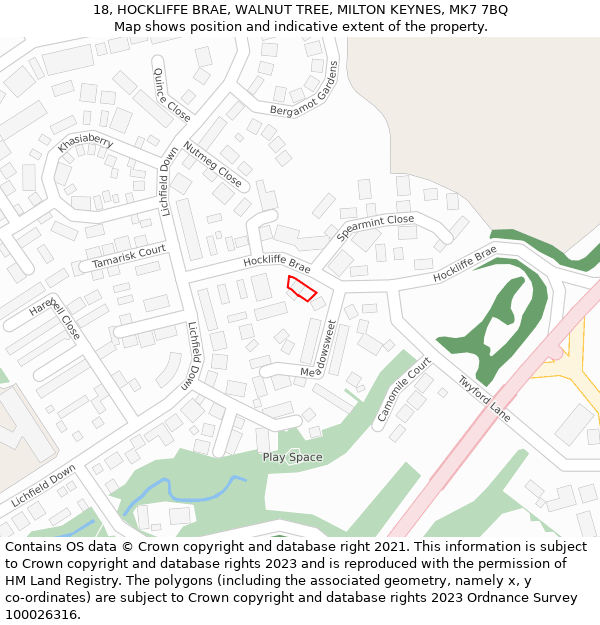 18, HOCKLIFFE BRAE, WALNUT TREE, MILTON KEYNES, MK7 7BQ: Location map and indicative extent of plot