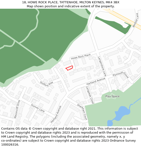 18, HOWE ROCK PLACE, TATTENHOE, MILTON KEYNES, MK4 3BX: Location map and indicative extent of plot