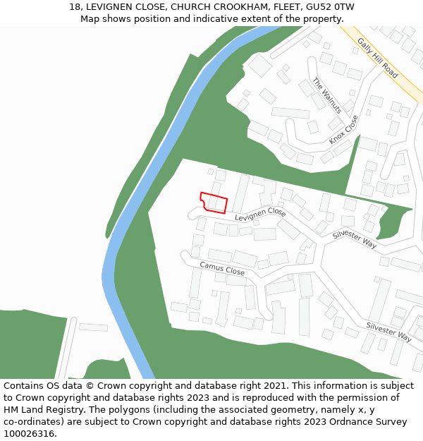 18, LEVIGNEN CLOSE, CHURCH CROOKHAM, FLEET, GU52 0TW: Location map and indicative extent of plot